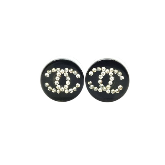Chanel Earrings Black with Silver Rhinestones (Pierced Ears) Resin - Picture 1 of 6